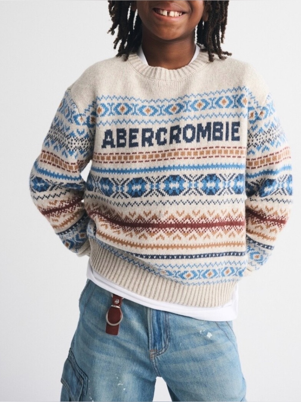 abercrombie kids Cream Fair Isle Crewneck Sweater with Blue and Brown Accents